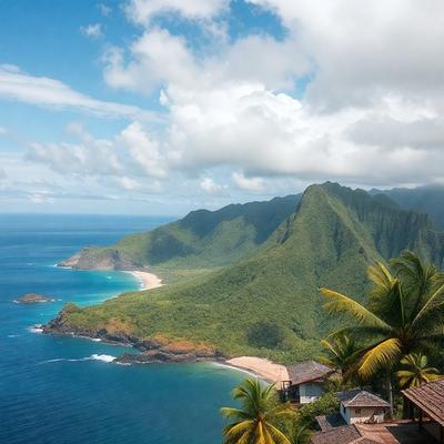 The primary subject of the image is a beautiful beach scene with a mountainous backdrop. The setting is a tropical island with a lush green landscape. The visual style is a photo, capturing the vibrant colors and natural beauty of the location. The colors and mood of the image are lively and serene, with the blue ocean, green mountains, and palm trees creating a picturesque and inviting atmosphere.